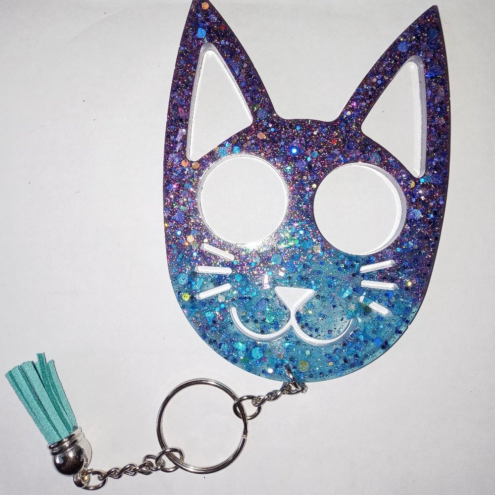 Purple blue Galaxy Self Defense Kitty Cat Keychain